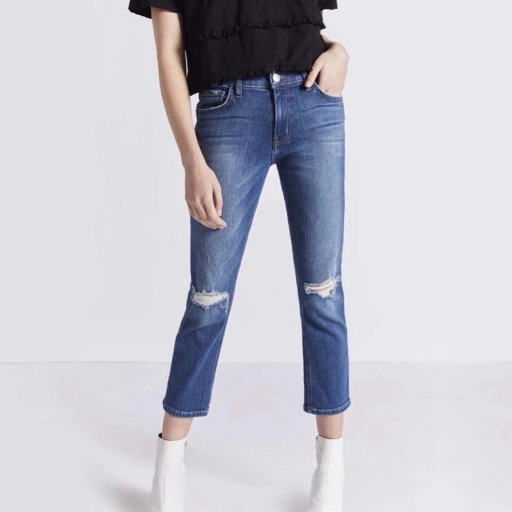 Current/Elliott Size 24w The High Waist Straight Ripped Denim Jeans Retail $208